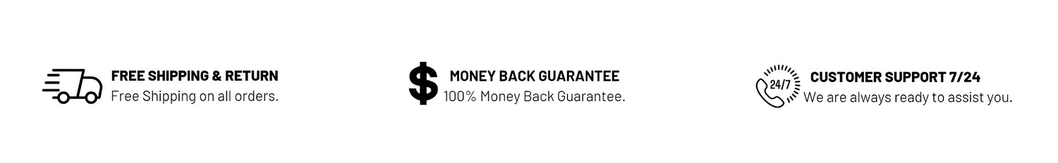 Banner highlighting customer benefits with icons: 'Free Shipping & Return on all orders,' 'Money Back Guarantee with 100% refund,' and '24/7 Customer Support ready to assist.