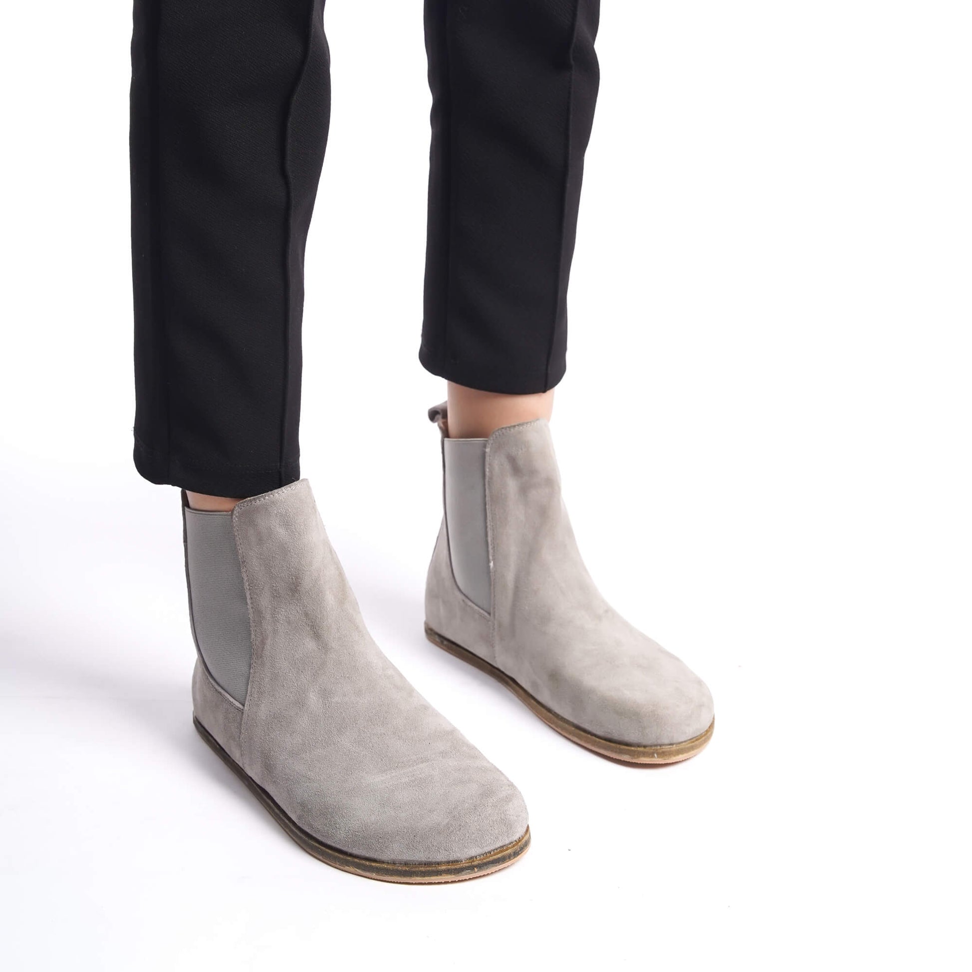 Gray suede natural leather Chelsea boots with a wide toe box for women. Combining minimalist design with maximum comfort.