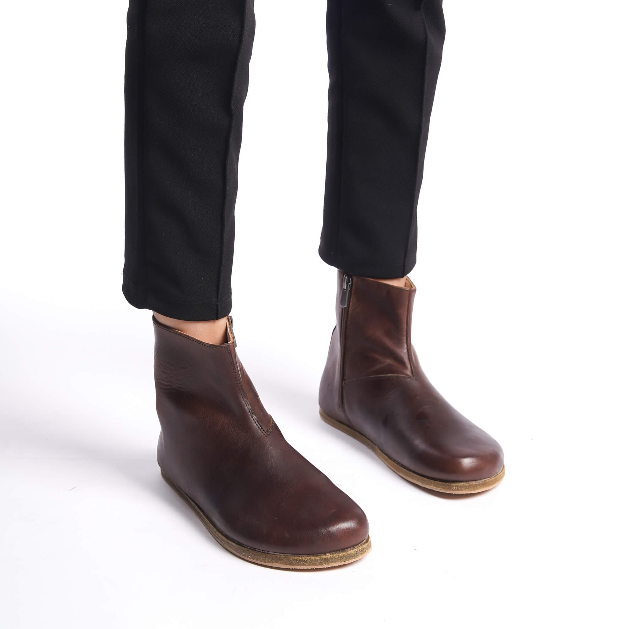 Tan brown wide boots for women crafted from genuine leather. Featuring ergonomic soles, these minimalist boots are perfect for natural walking and earthing.