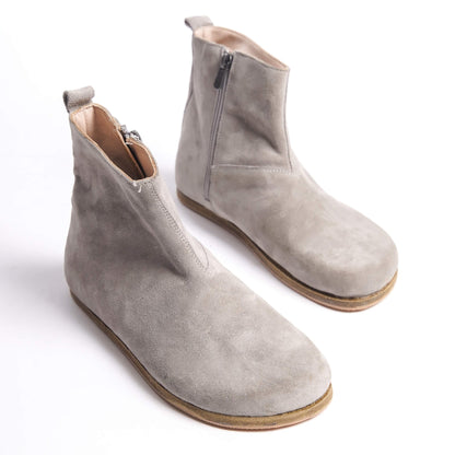 Gray suede women’s boots with a wide toe box and ergonomic soles. Minimalist design perfect for earthing shoes.