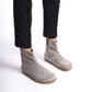 Grey suede wide boots with ergonomic soles and minimalist design. Ideal for women seeking comfortable barefoot earthing shoes.