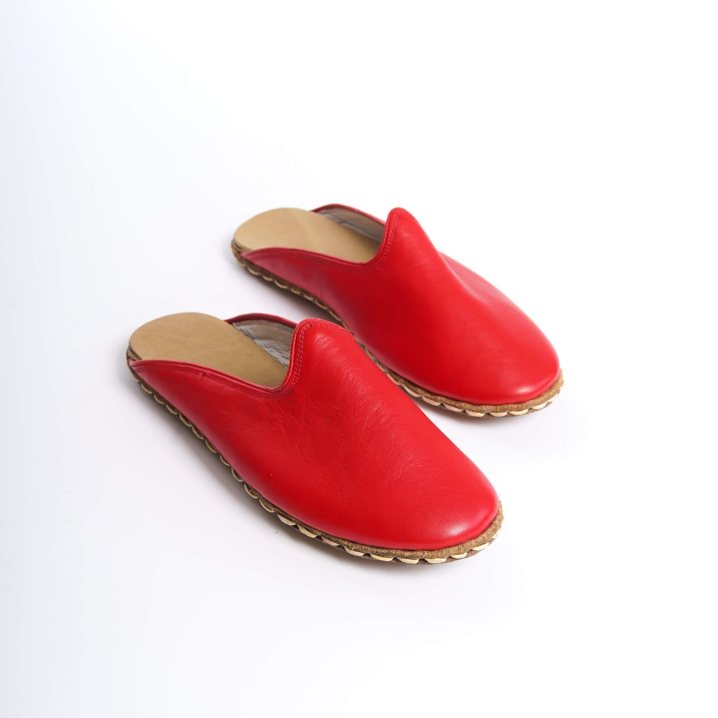 Elegant Red Leather Mules – Minimalist Design for Women with Stitched Leather Sole