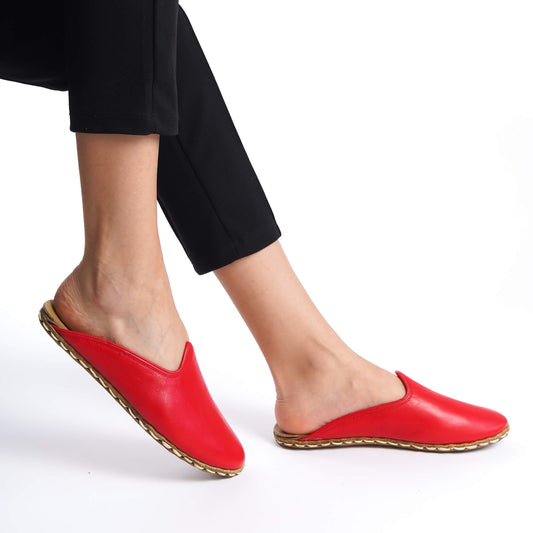 Women's Red Leather Mules – Sleek Minimalist Summer Shoes with Real Leather Sole