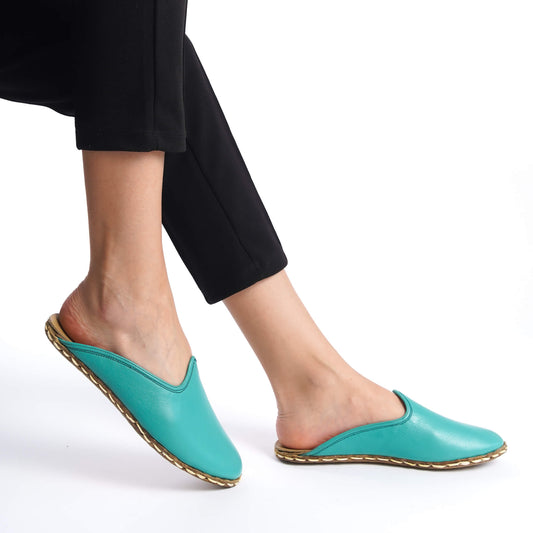 Women's Turquoise Leather Mules – Sleek and Minimalist Design with Real Leather Sole
