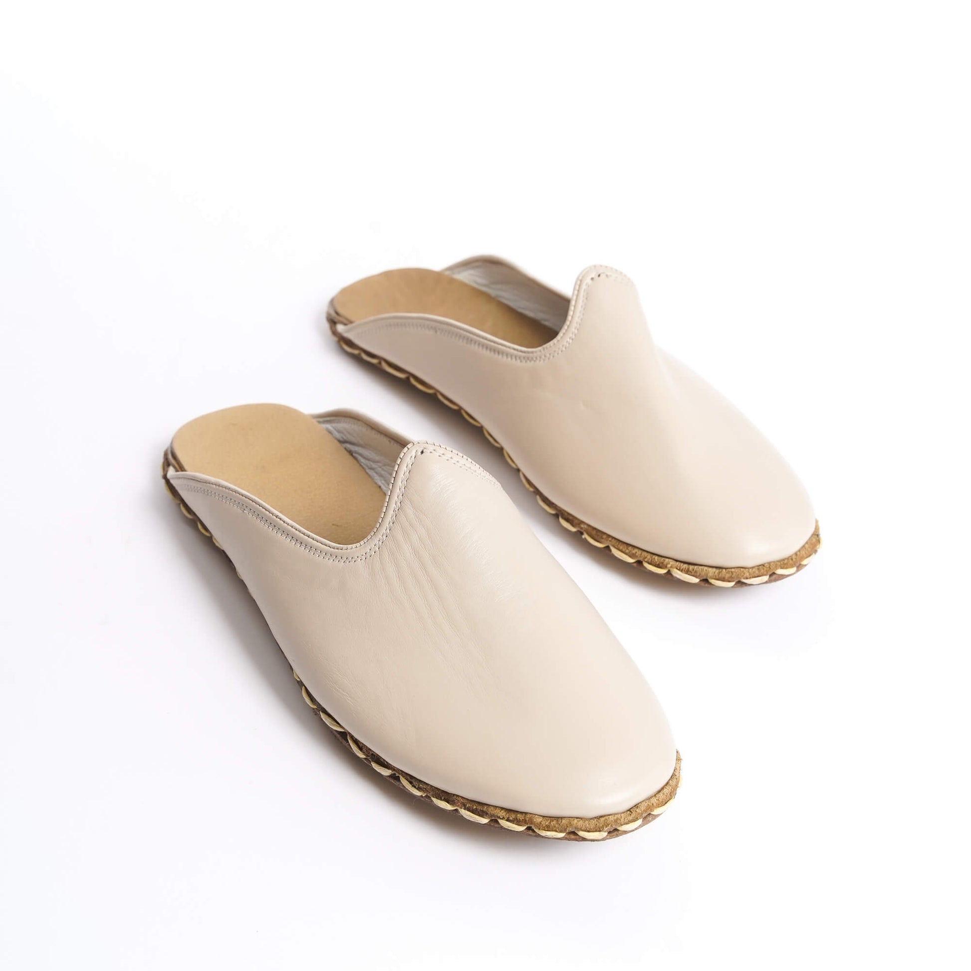 Elegant Beige Leather Mules – Minimalist Design for Women with Stitched Leather Sole