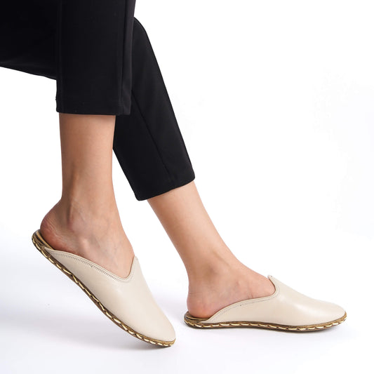 Women's Beige Leather Mules – Sleek Minimalist Summer Shoes with Real Leather Sole