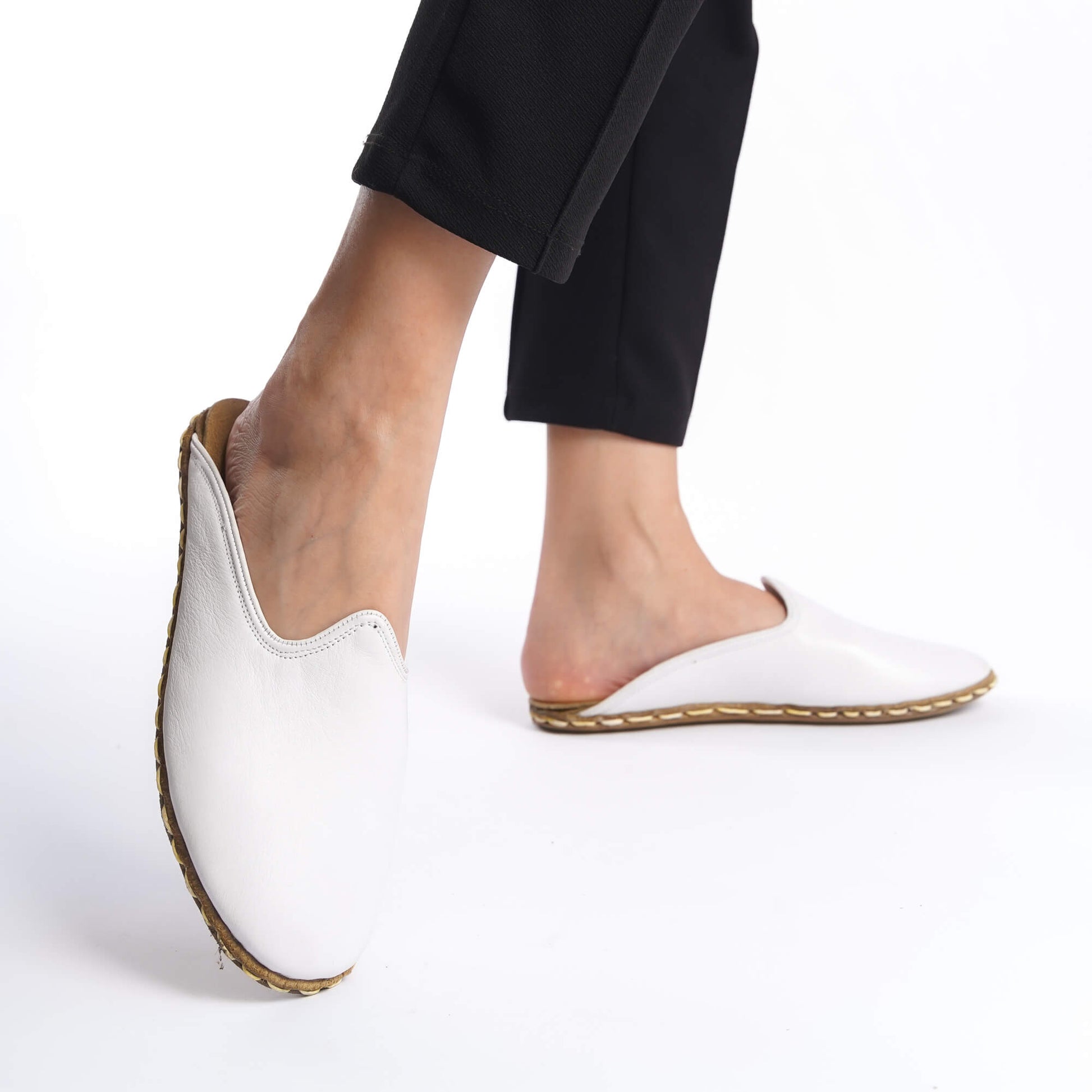 Women's Genuine Leather White Mules – Stitched Sole, Perfect for a Luxurious Summer