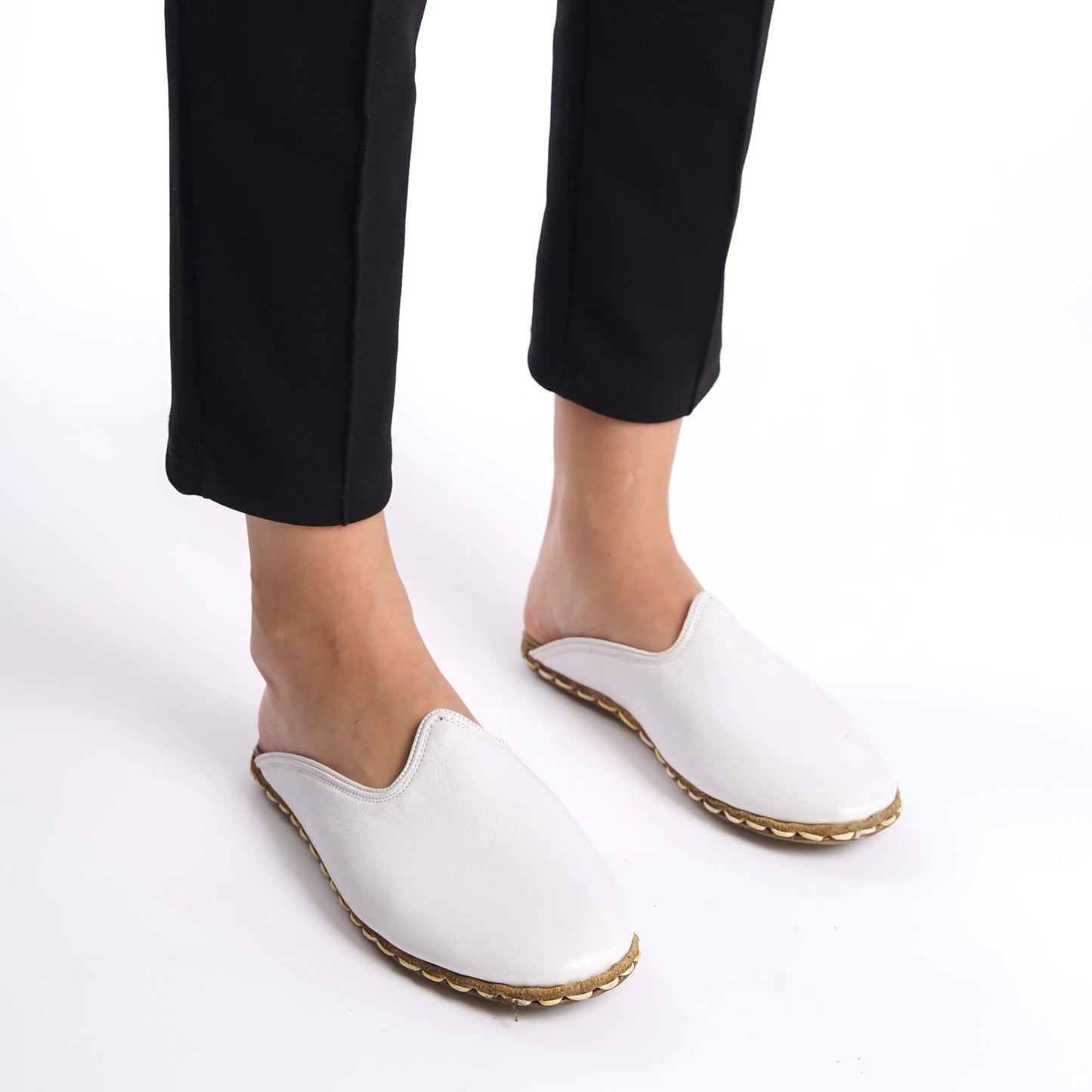 White Leather Mules – Luxurious Women's Summer Shoes with Stitched Sole