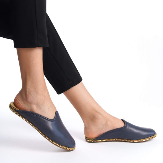 Women's Elegant Navy Blue Leather Mules – High-End Summer Footwear with Real Leather Sole