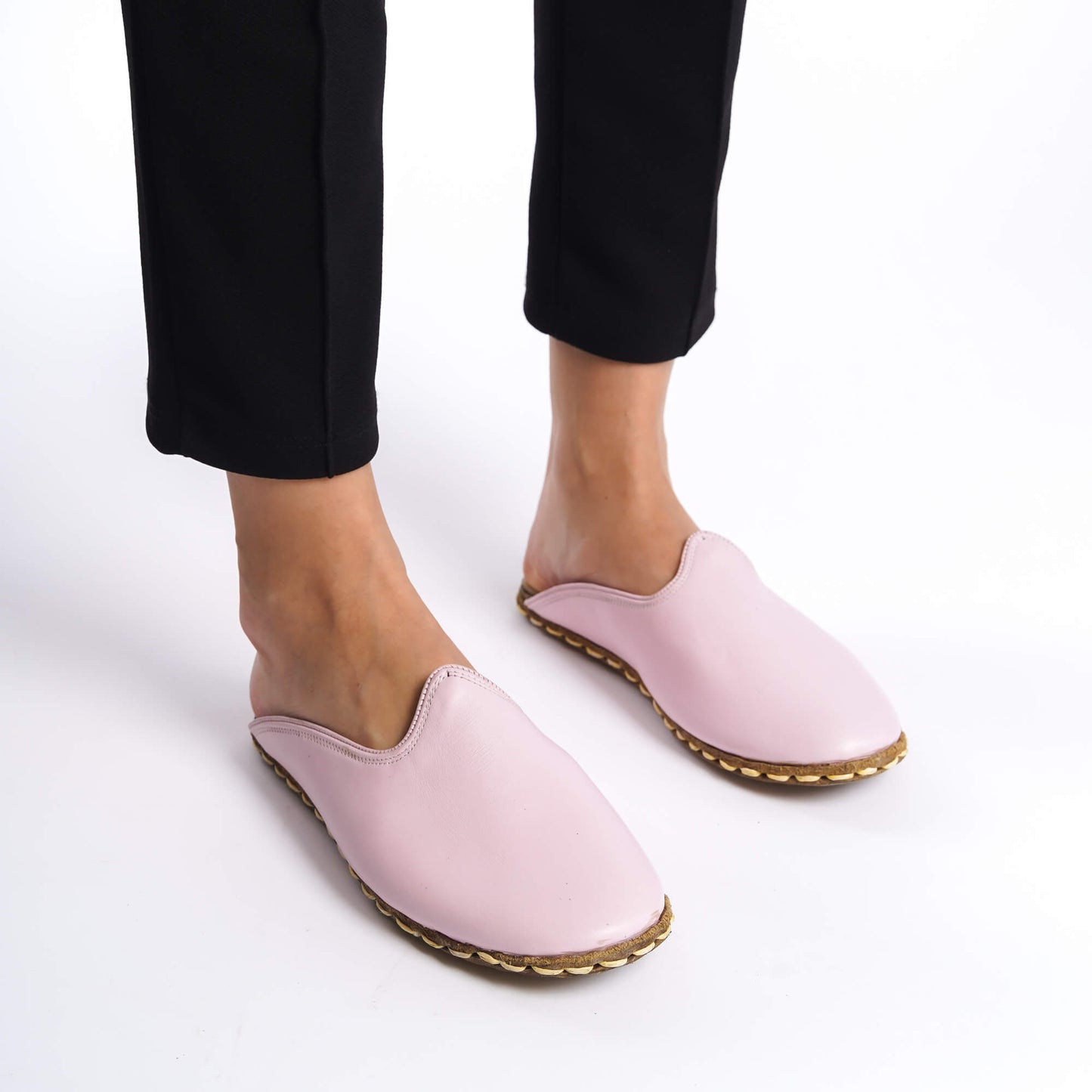 Premium Pink Leather Mules – Women's Luxurious Summer Shoes with Stitched Sole