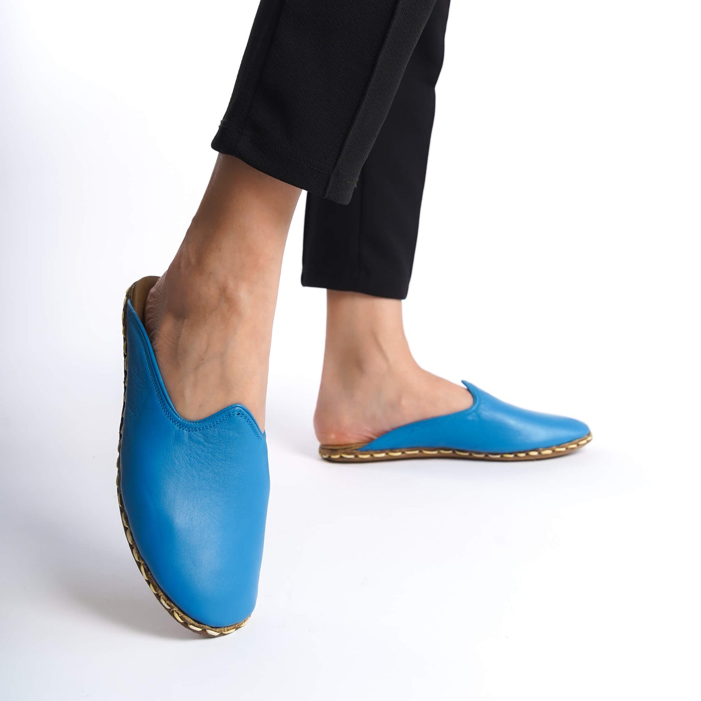 Women's Genuine Leather Blue Mules – Stitched Sole, Ideal for Summer