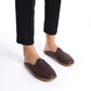 Classically styled coffee-brown leather slippers, hand-stitched for summer comfort.