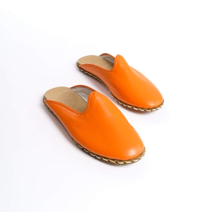 Bright Orange Women's Leather Mules – Summer Essential with Stitched Leather Sole