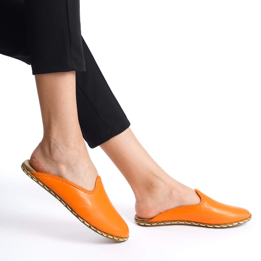 Women's Orange Leather Mules – Handcrafted Summer Shoes with Real Leather Sole