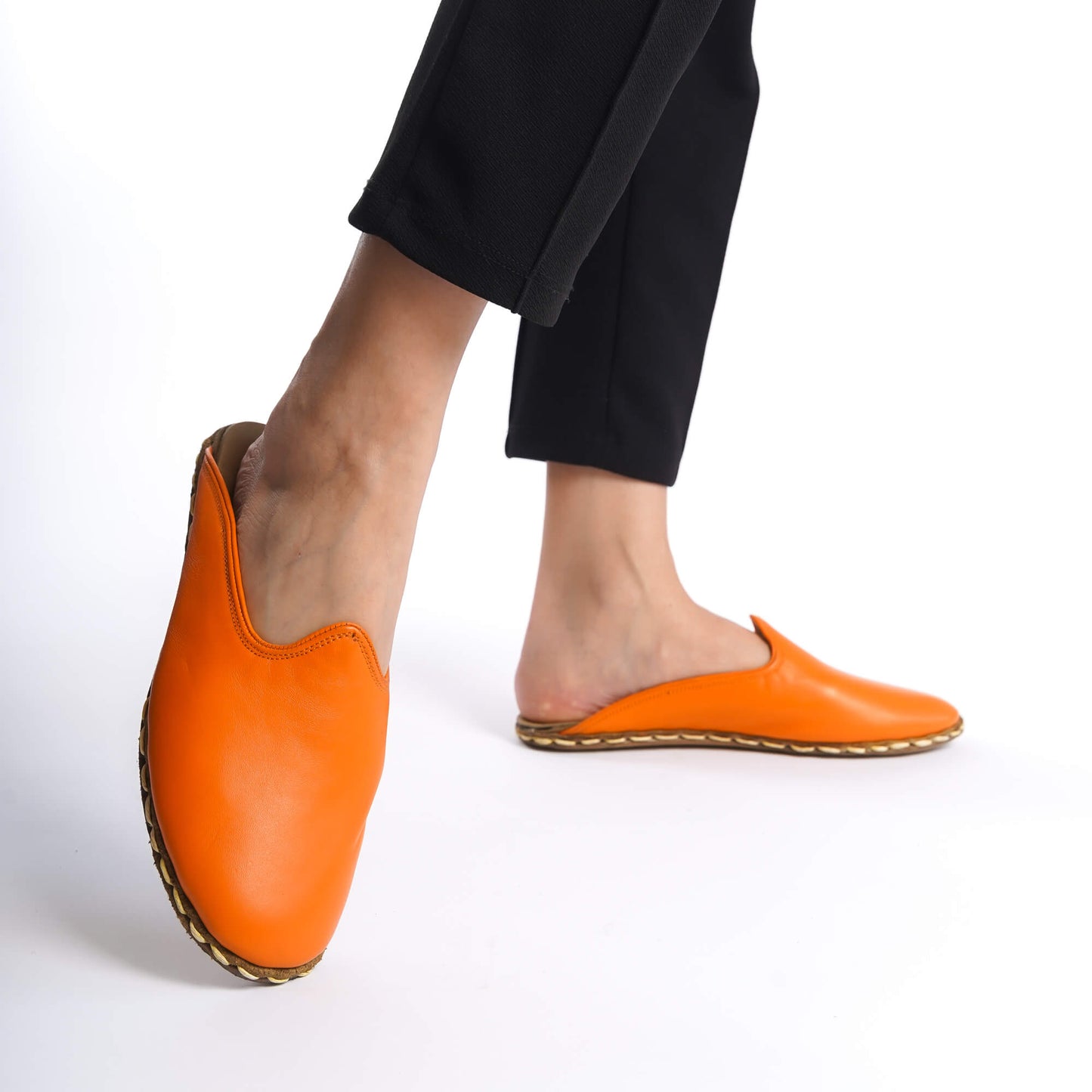 Women's Genuine Leather Orange Mules – Perfect for Summer, Stitched Sole Design