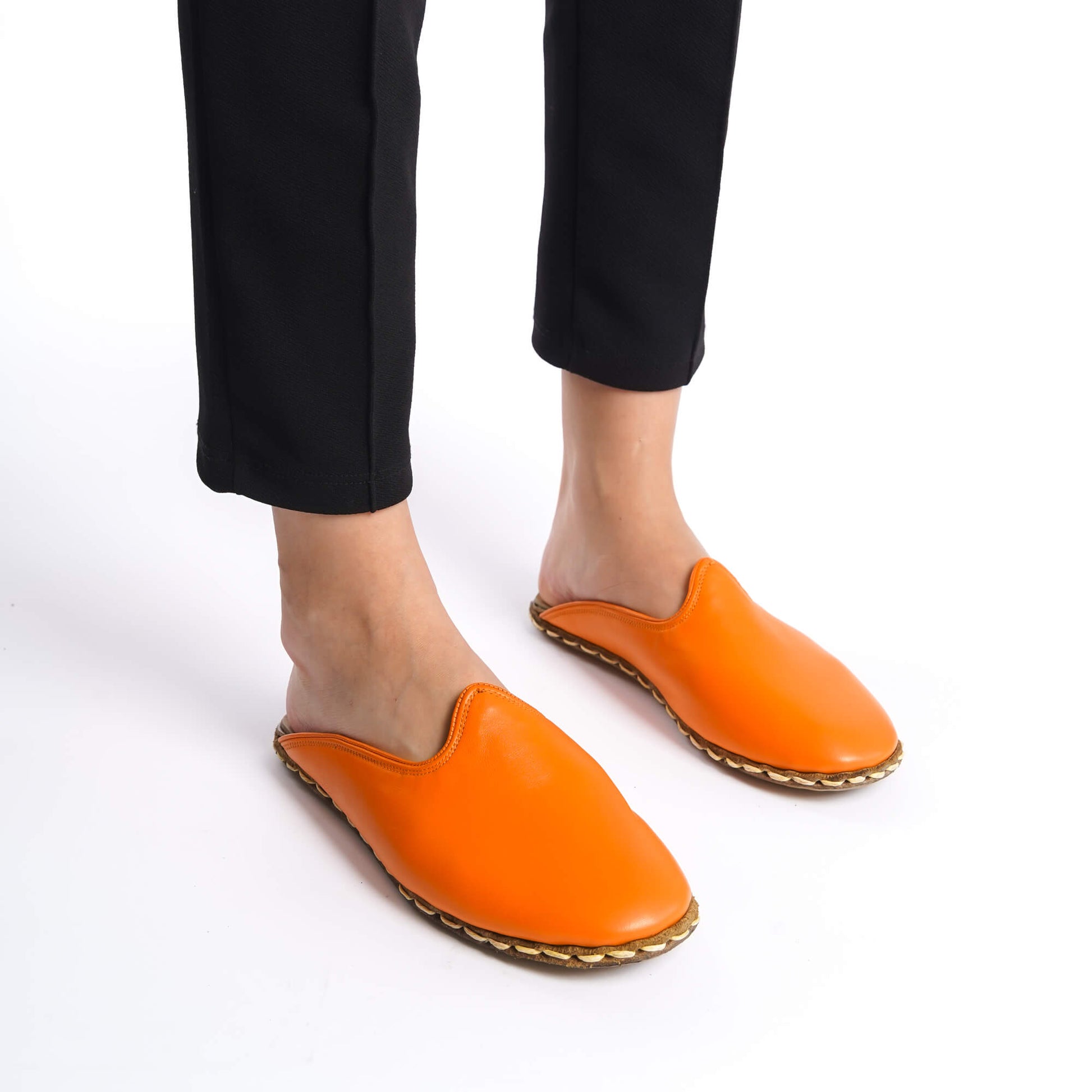 Summer-Ready Orange Leather Mules – Women's Shoes with Stitched Leather Sole