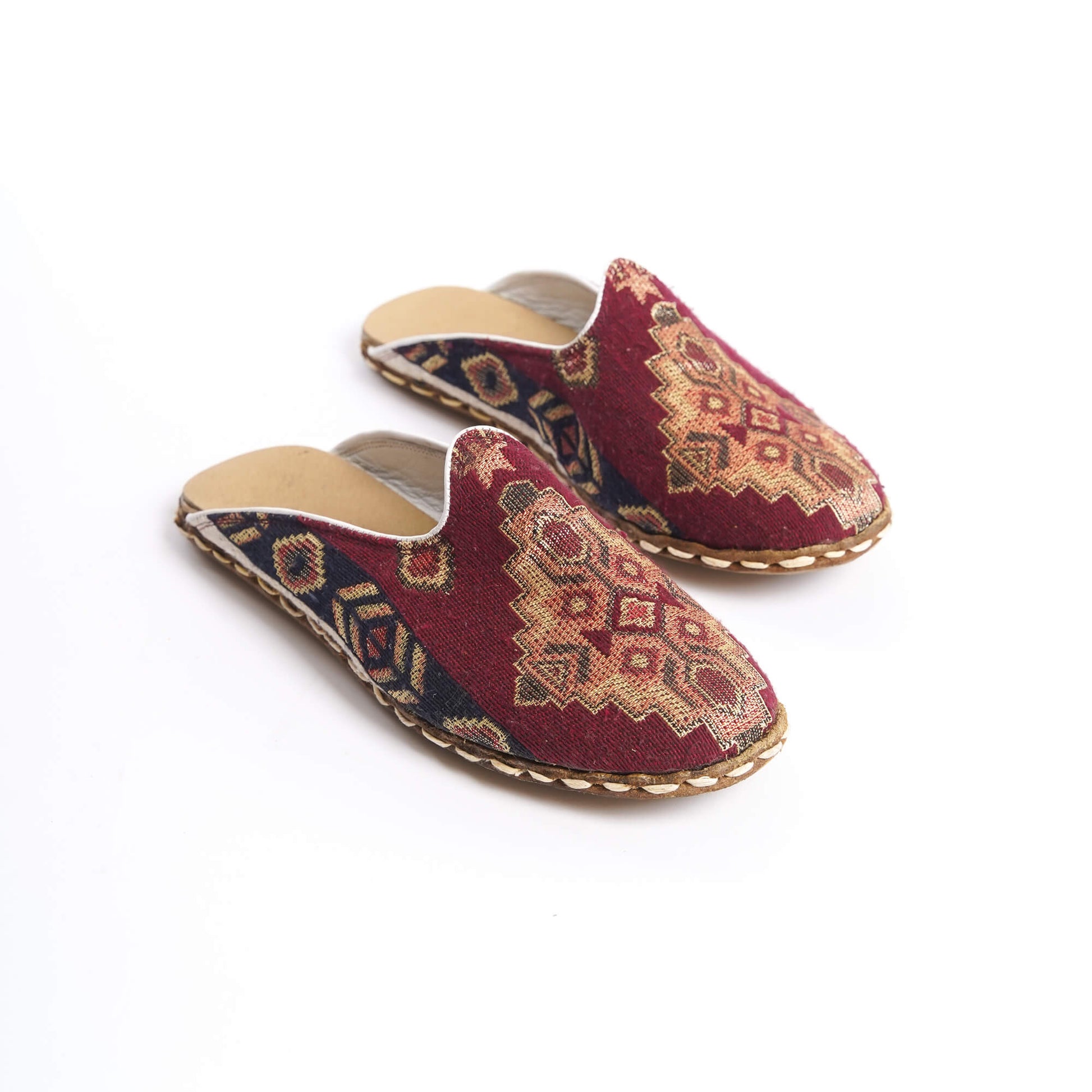 Red and Gold Turkish Kilim Mules – Comfortable Zero-Drop Slip-Ons