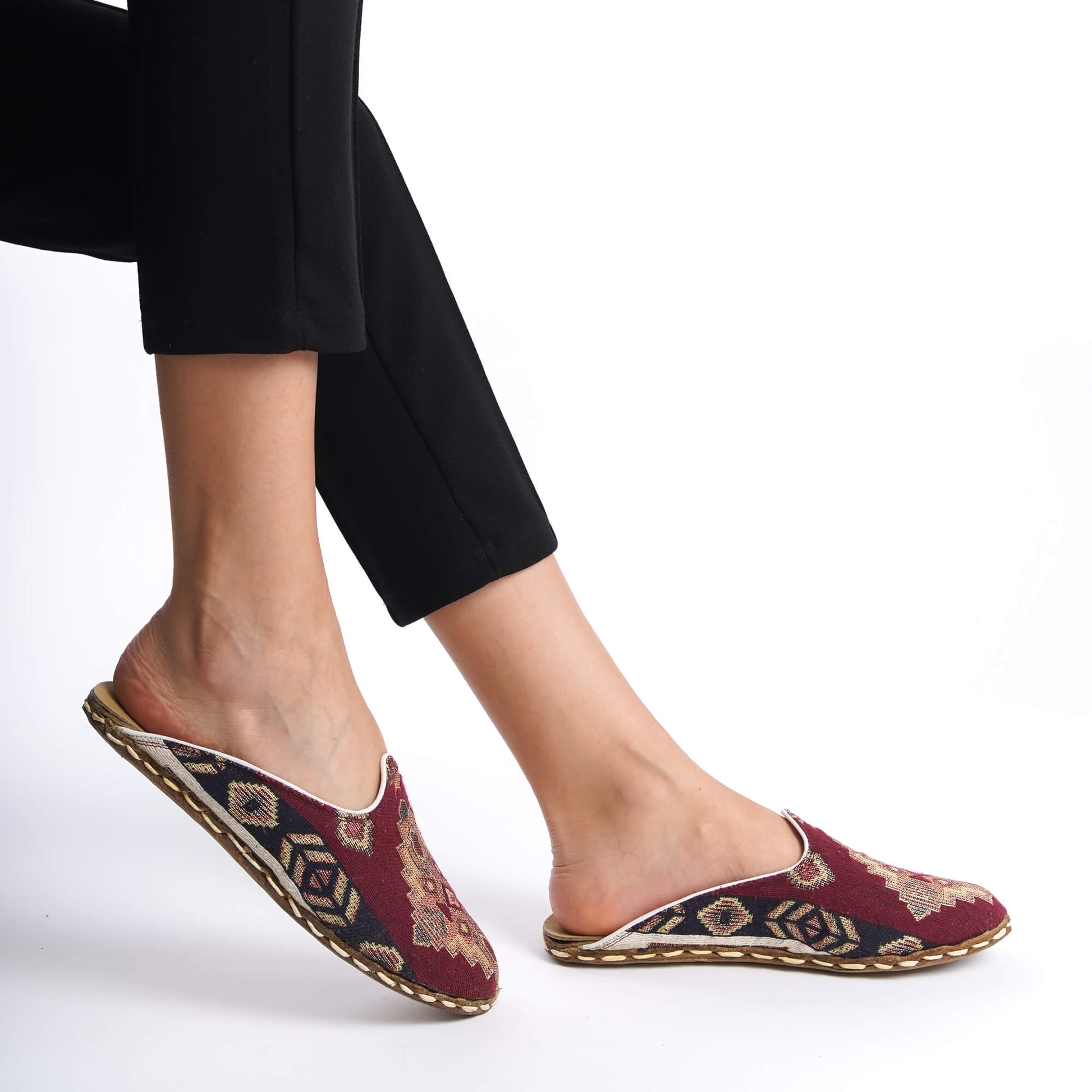 Handcrafted Turkish Kilim Mules – Zero-Drop Leather Shoes with Ethnic Red and Gold Designs