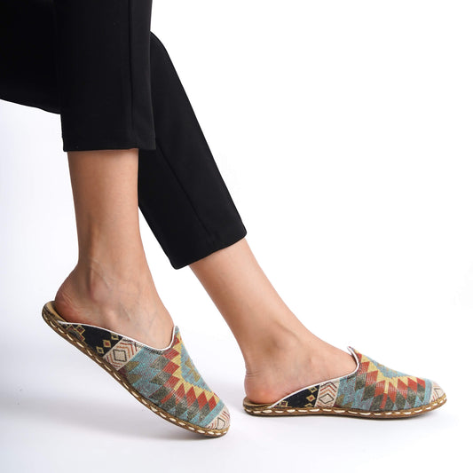 Zero-Drop Mules with Colorful Turkish Kilim Patterns – Comfortable Slip-On Shoes for Natural Walking Experience