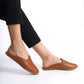 Real leather summer slippers in tan with detailed stitching for durability.