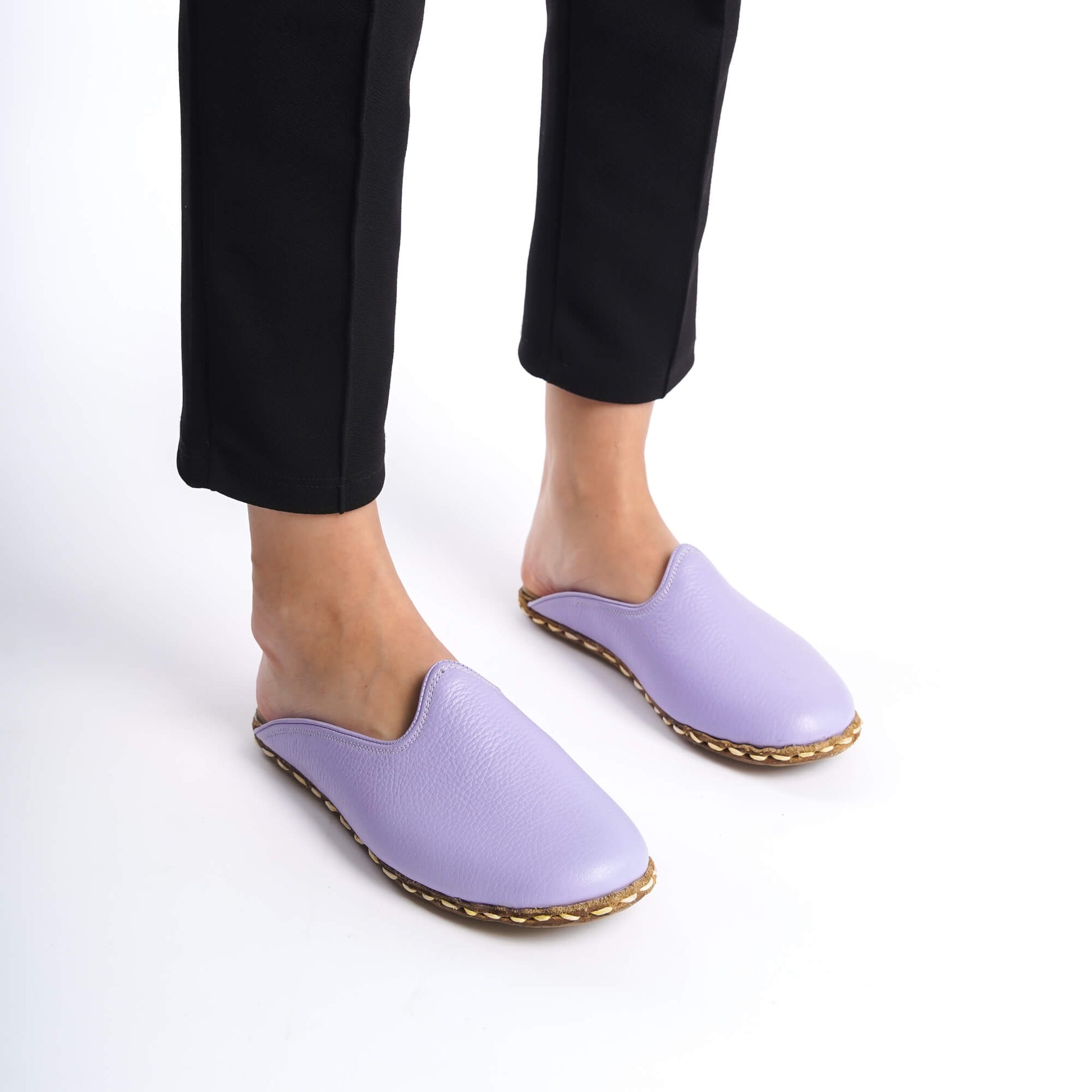 Women's Summer Mules – Lilac Leather, Stitched Real Leather Sole