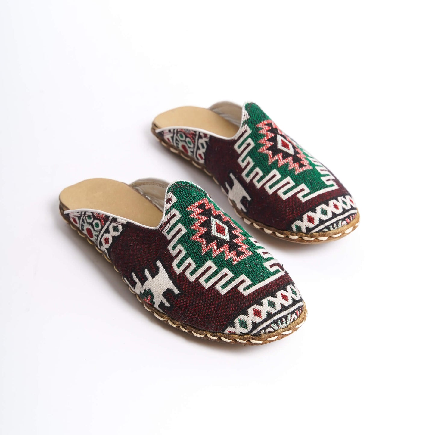 Handcrafted Turkish Kilim Mules – Zero-Drop Leather Shoes with Ethnic Red, Green, and White Designs