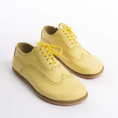 Stylish Doris Leather Barefoot Women's Oxfords in Yellow on white background