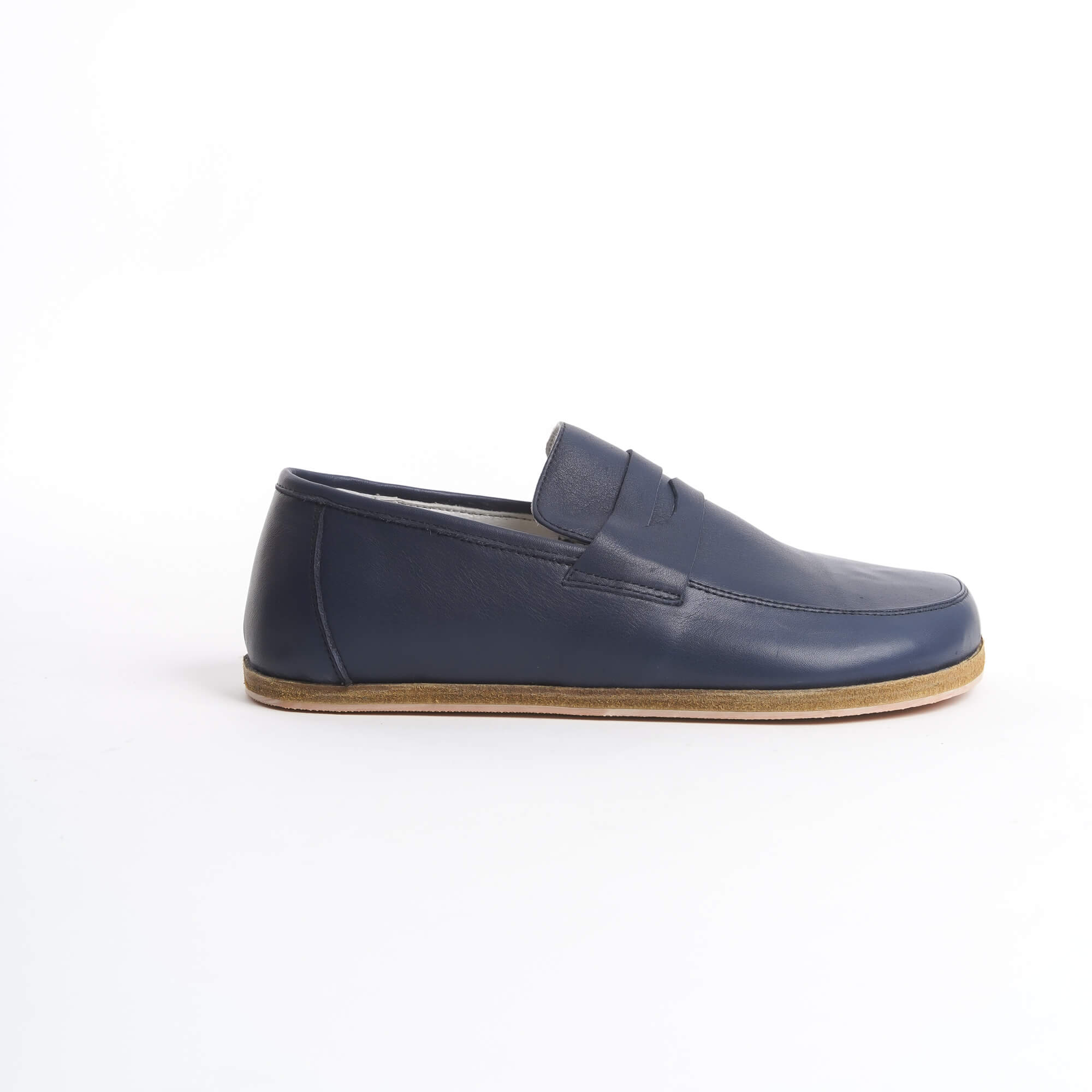 Close-up of Pelanir Sardis navy blue barefoot penny loafers. Crafted for barefoot comfort with a breathable leather upper and a flexible, slip-resistant sole.