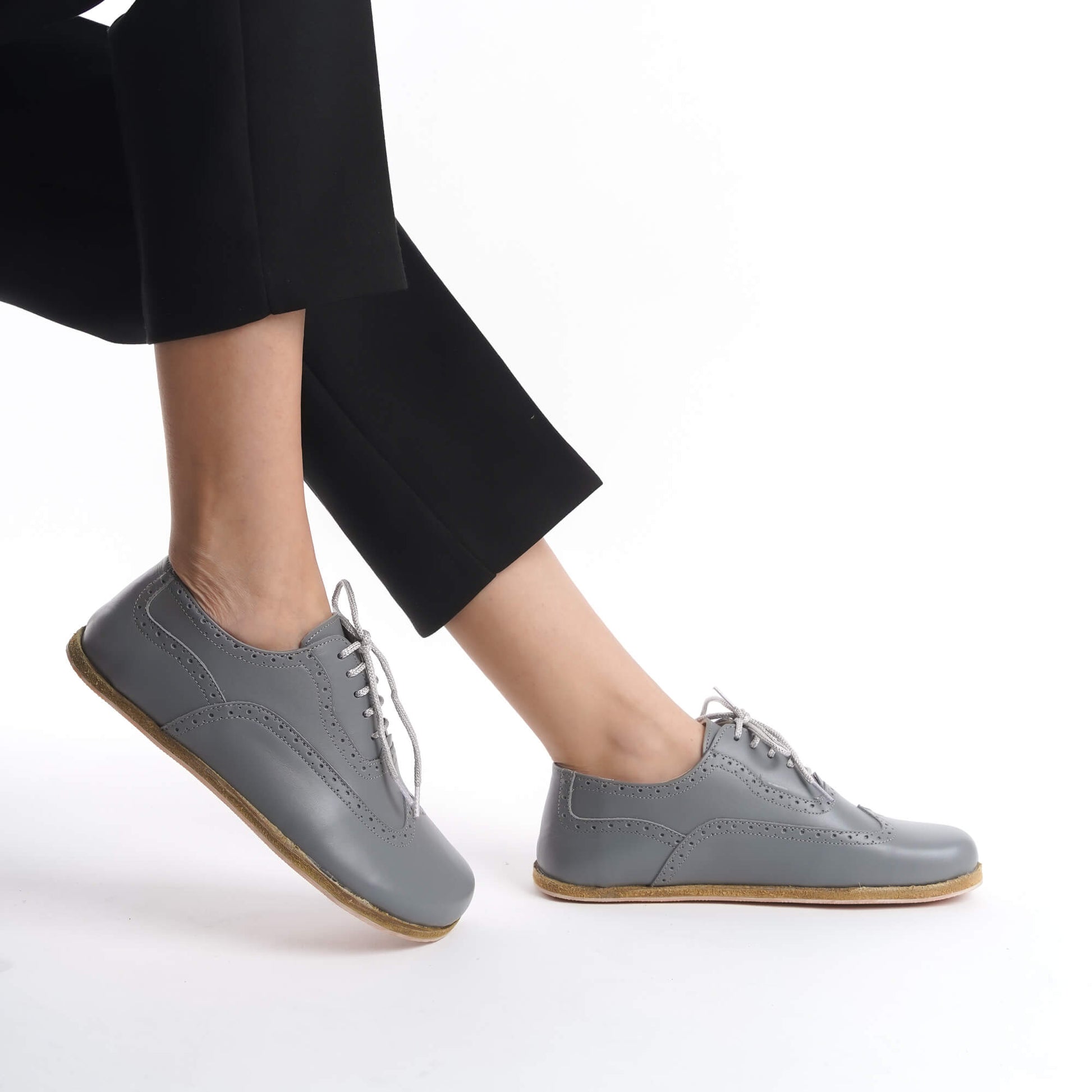 Close-up view of Doris Leather Barefoot Women's Oxfords in Gray, perfect for elegant outfits