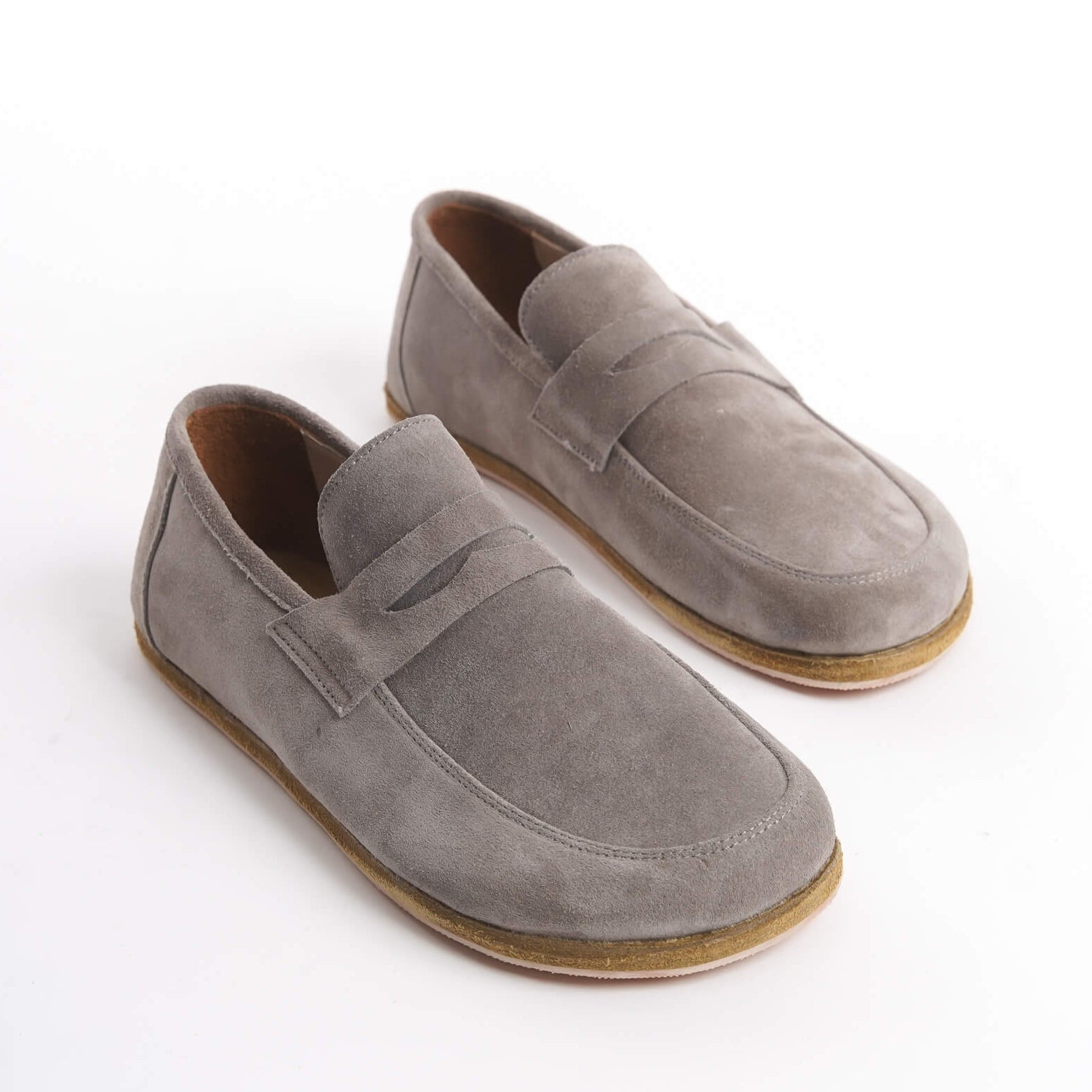 Pelanir Sardis gray suede barefoot penny loafers with a soft, breathable upper. A minimalist zero-drop design offering natural comfort and flexibility.