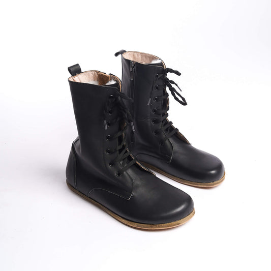 Pair of black barefoot winter boots for men, made from genuine leather with a lace-up and zipper design.