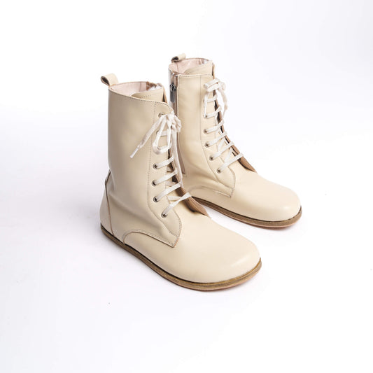 Pair of beige barefoot winter boots for men, made from genuine leather with lace-up.