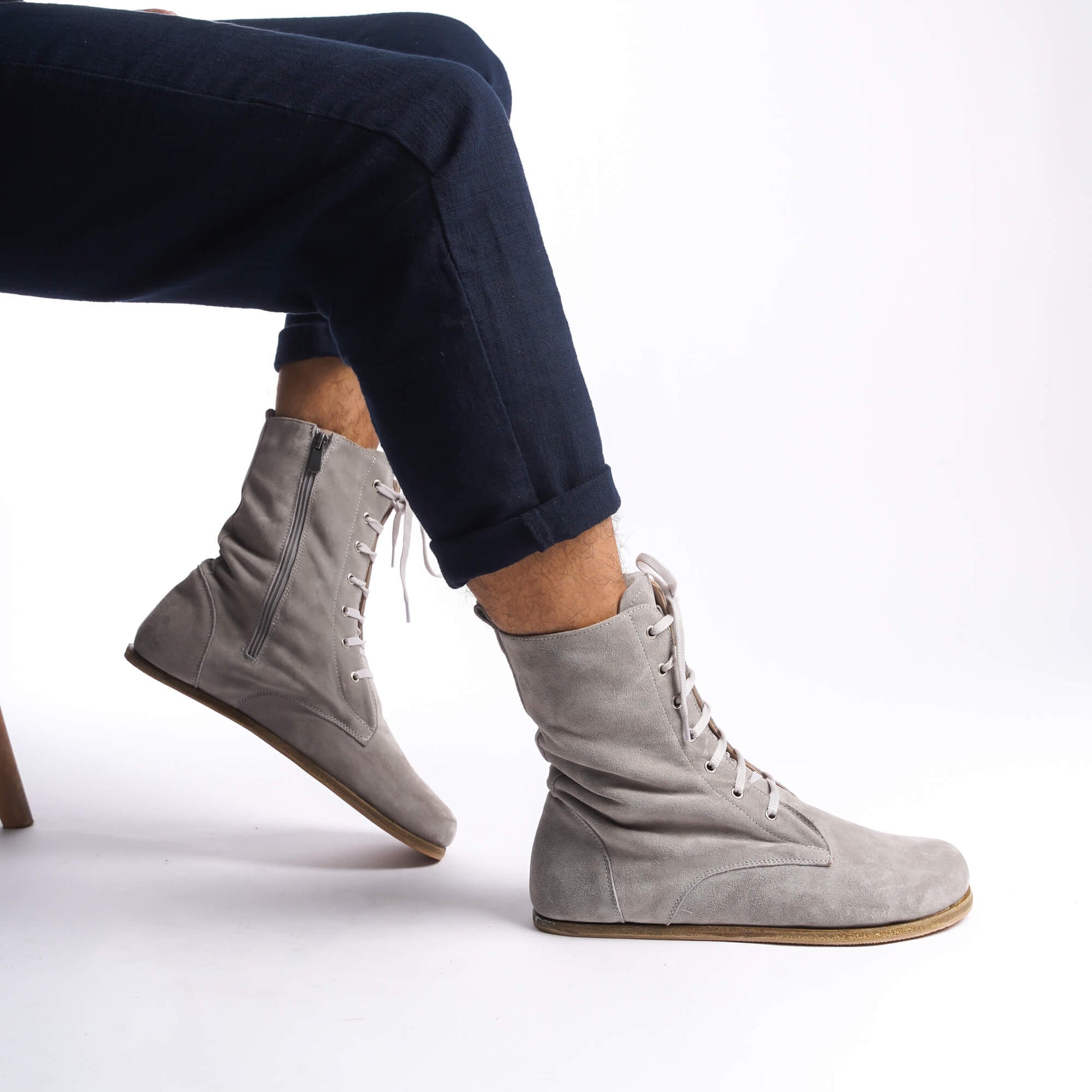 Men's gray genuine leather barefoot winter boots, designed with laces and a side zipper for comfort.