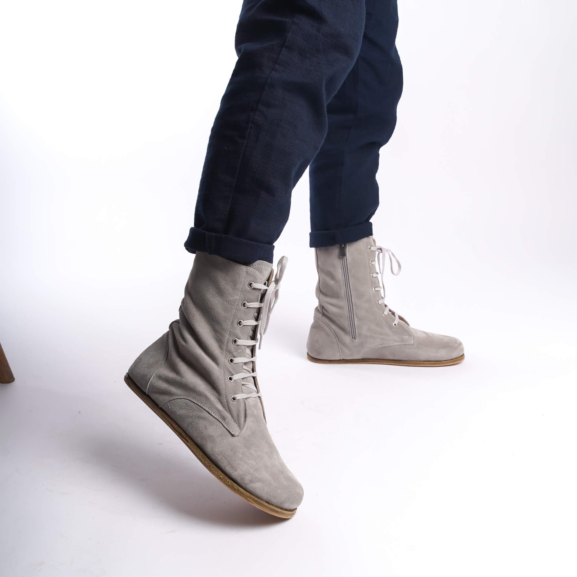 Gray leather barefoot boots for men, side profile with a zipper detail, perfect for winter.