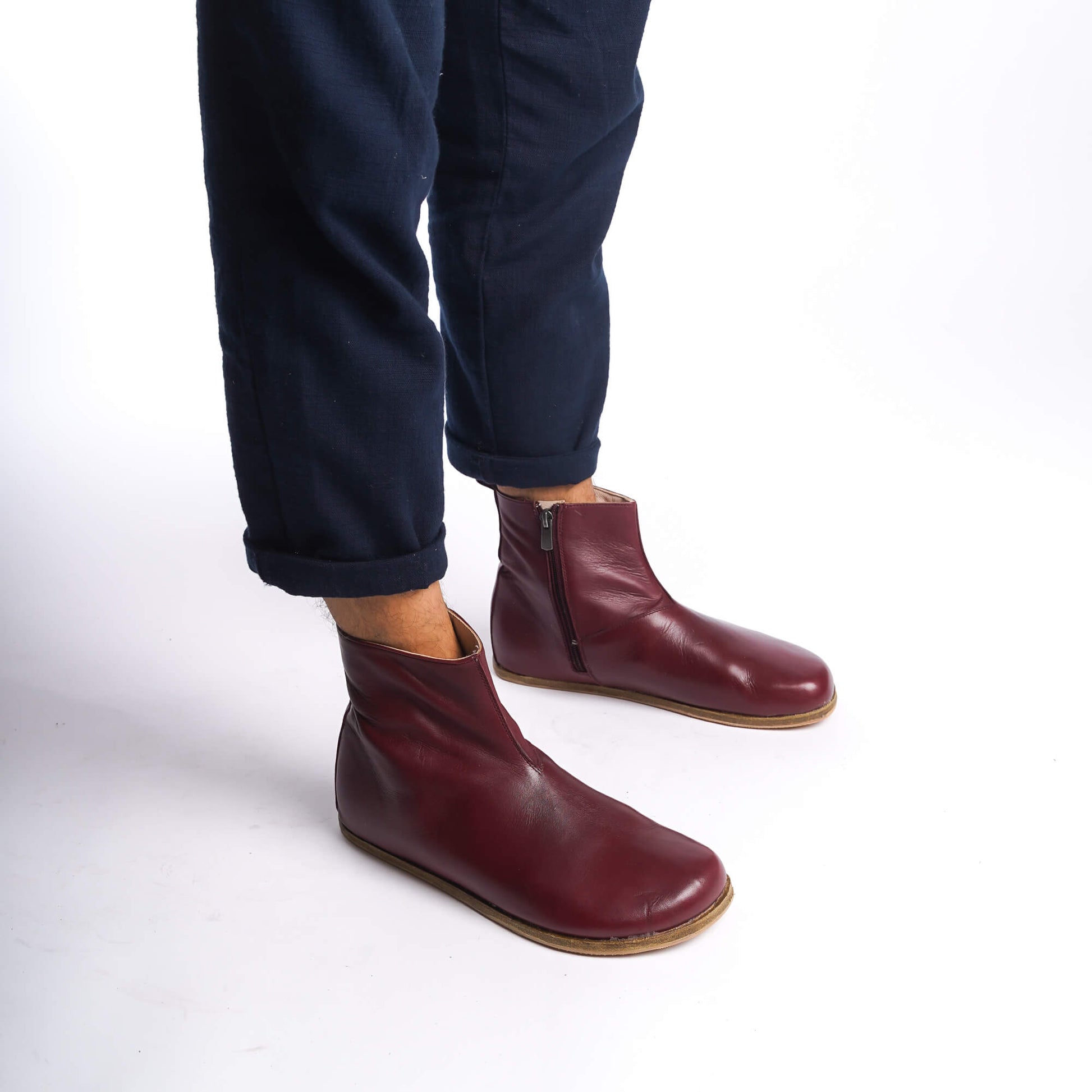 Men's burgundy genuine leather barefoot ankle boots, featuring a sleek side zipper for easy wear.