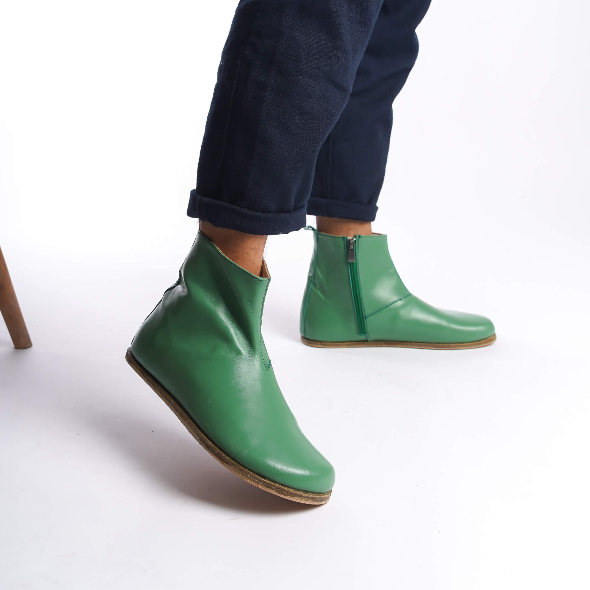 Men's green genuine leather barefoot ankle boots, featuring a sleek side zipper for easy access.