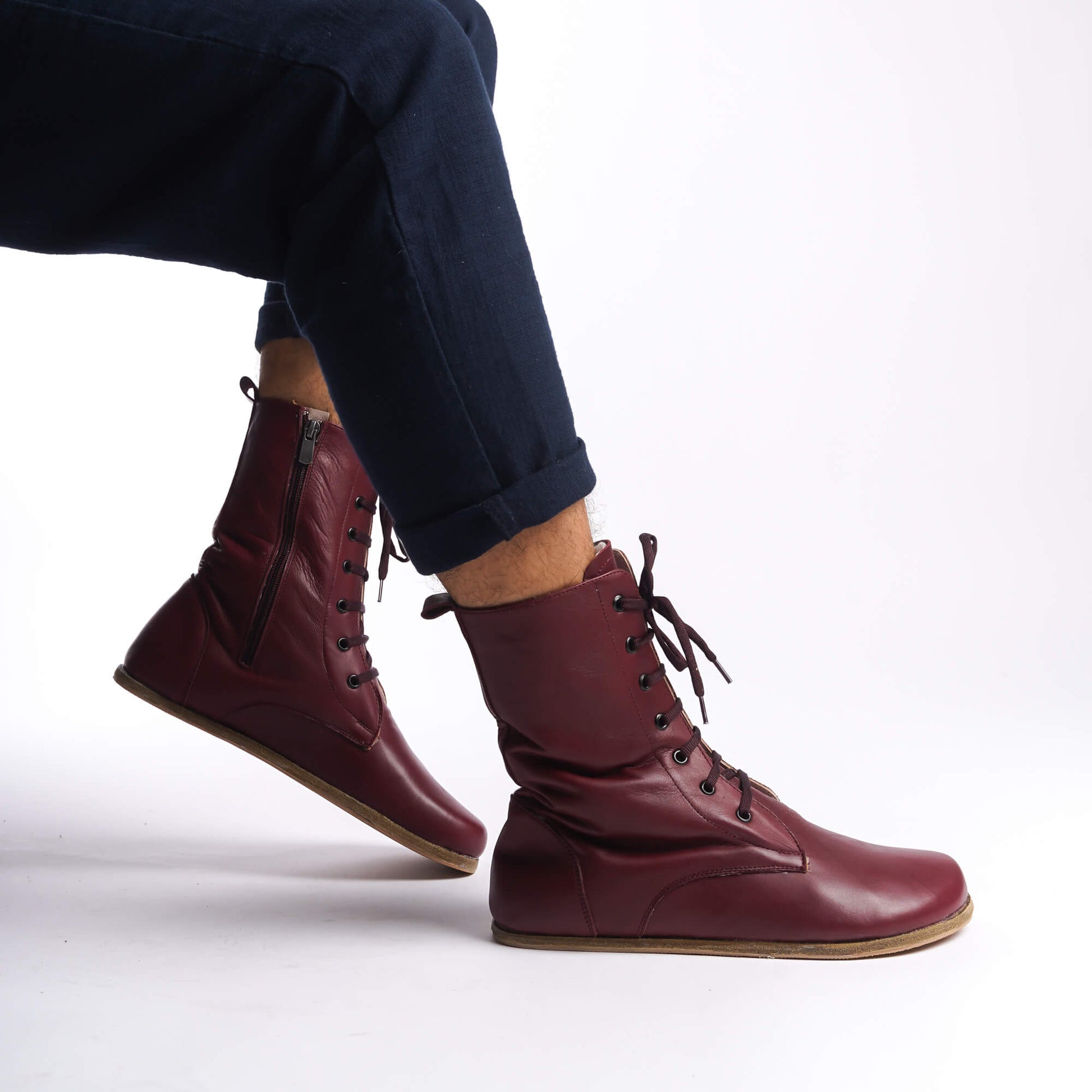Men's burgundy genuine leather barefoot winter boots, featuring laces and a side zipper.