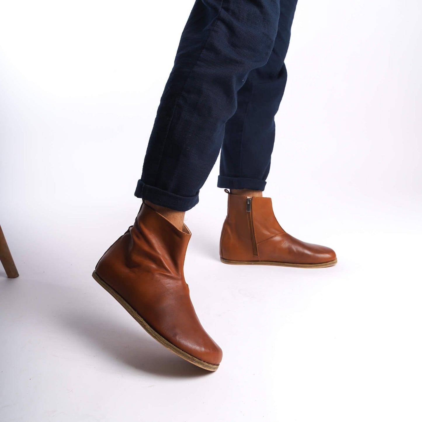 Men's tan brown genuine leather barefoot ankle boots, featuring a sleek side zipper for easy access.