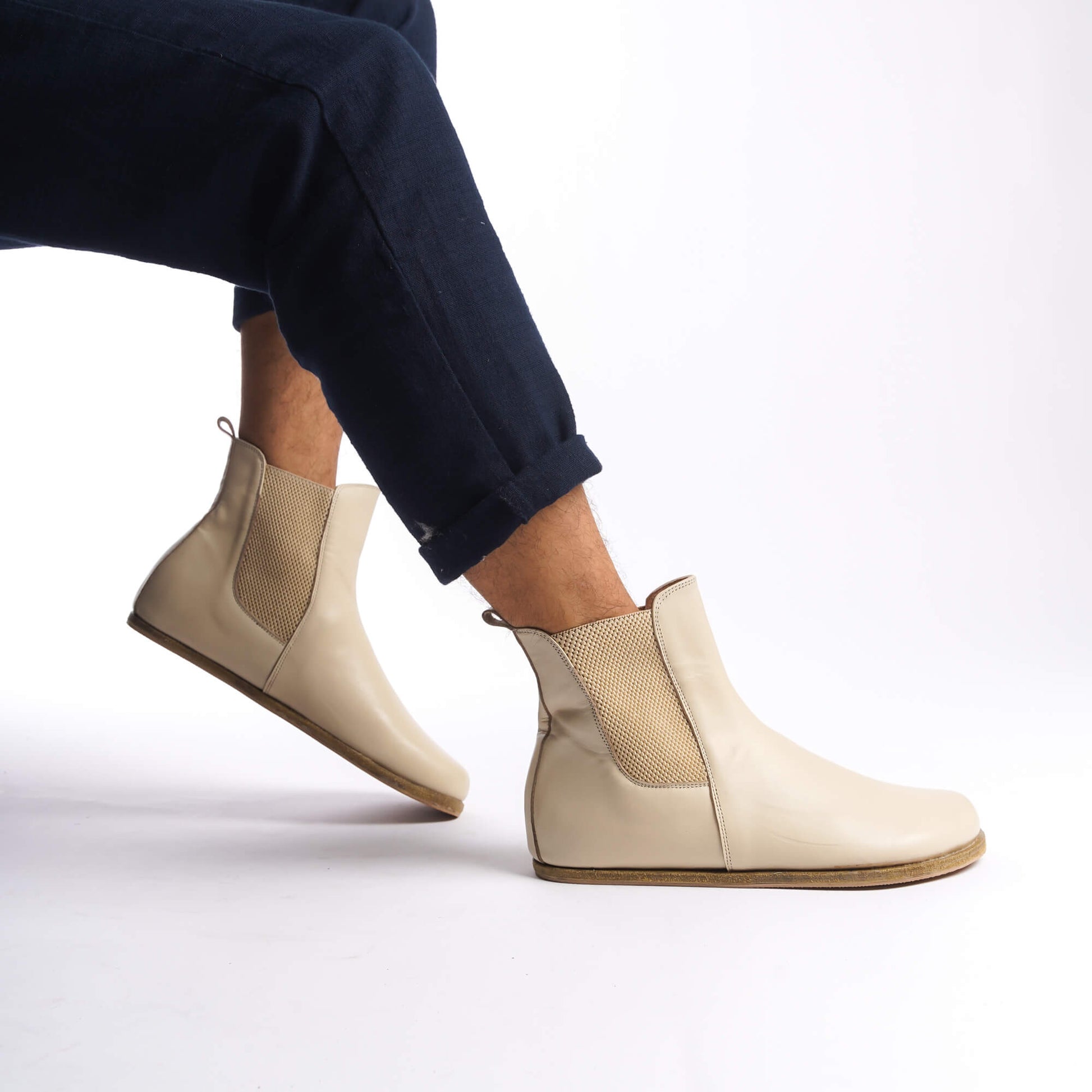 Men's beige-cream genuine leather slip-on Chelsea boots, featuring an elastic side panel for easy wear.