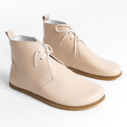 Minimalist beige leather barefoot boots for natural walking – flexible zero-drop sole, perfect for healthy everyday wear in the USA.