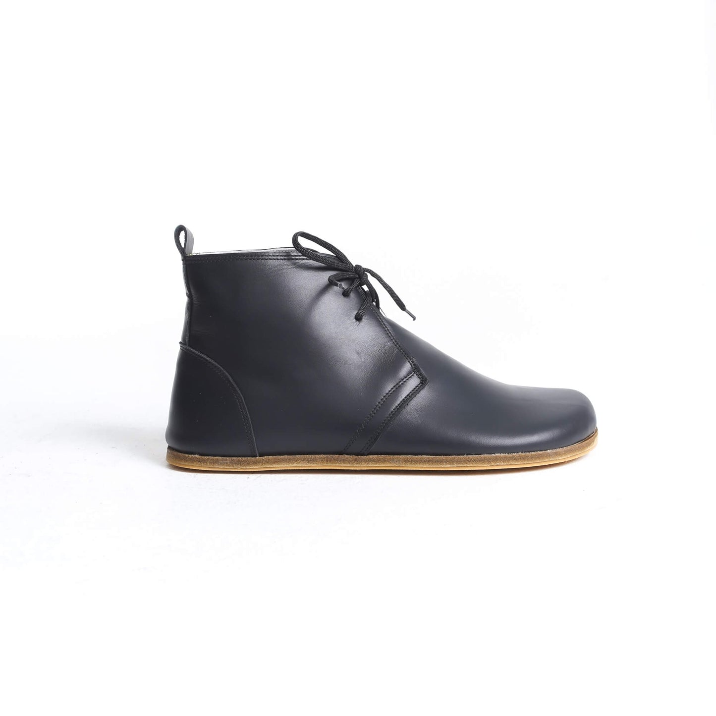 Stylish black barefoot leather boots with minimalist design and zero-drop sole, promoting a healthy, natural walking experience.