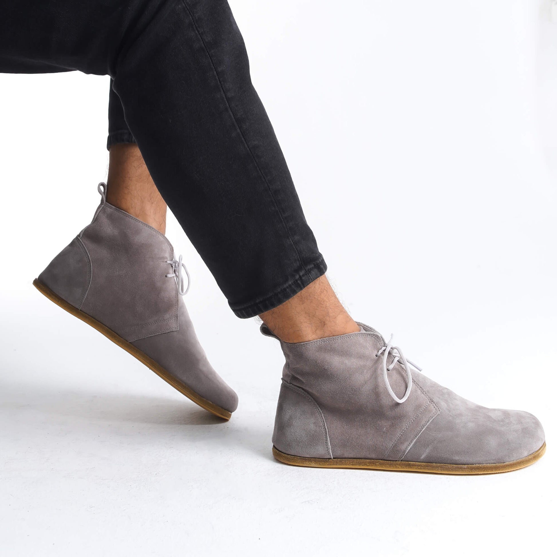 Gray barefoot leather ankle boots with flexible, zero-drop design, perfect for health-conscious, minimalist lifestyle and everyday wear.