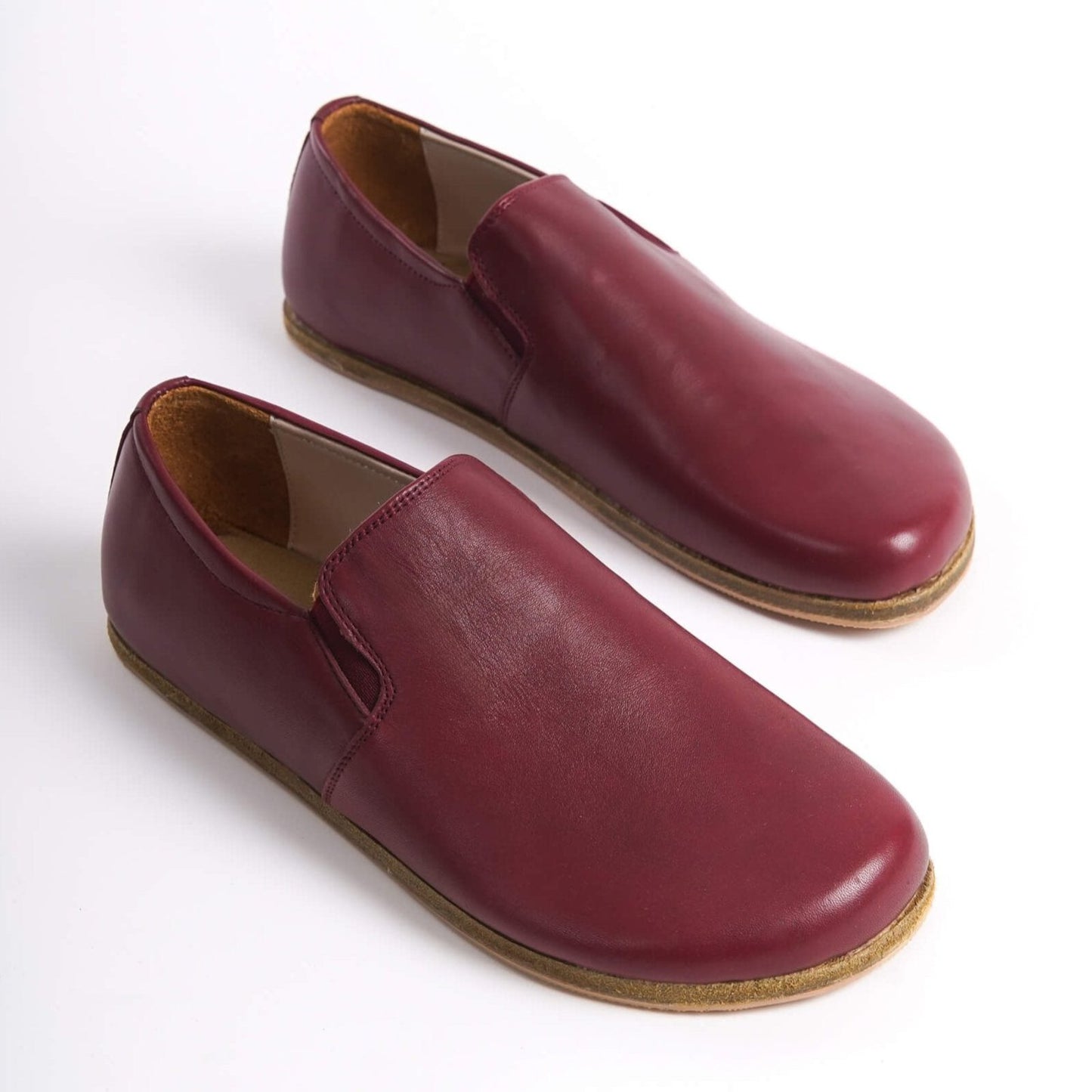 Ionia Leather Barefoot Men Loafers in Burgundy - Pair of minimalist, handcrafted genuine leather loafers for men.