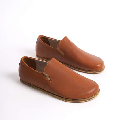 Tan brown Ionia leather barefoot loafers for men, showcasing a sleek design with genuine leather for a stylish and comfortable fit. Shop at pelanir.com!