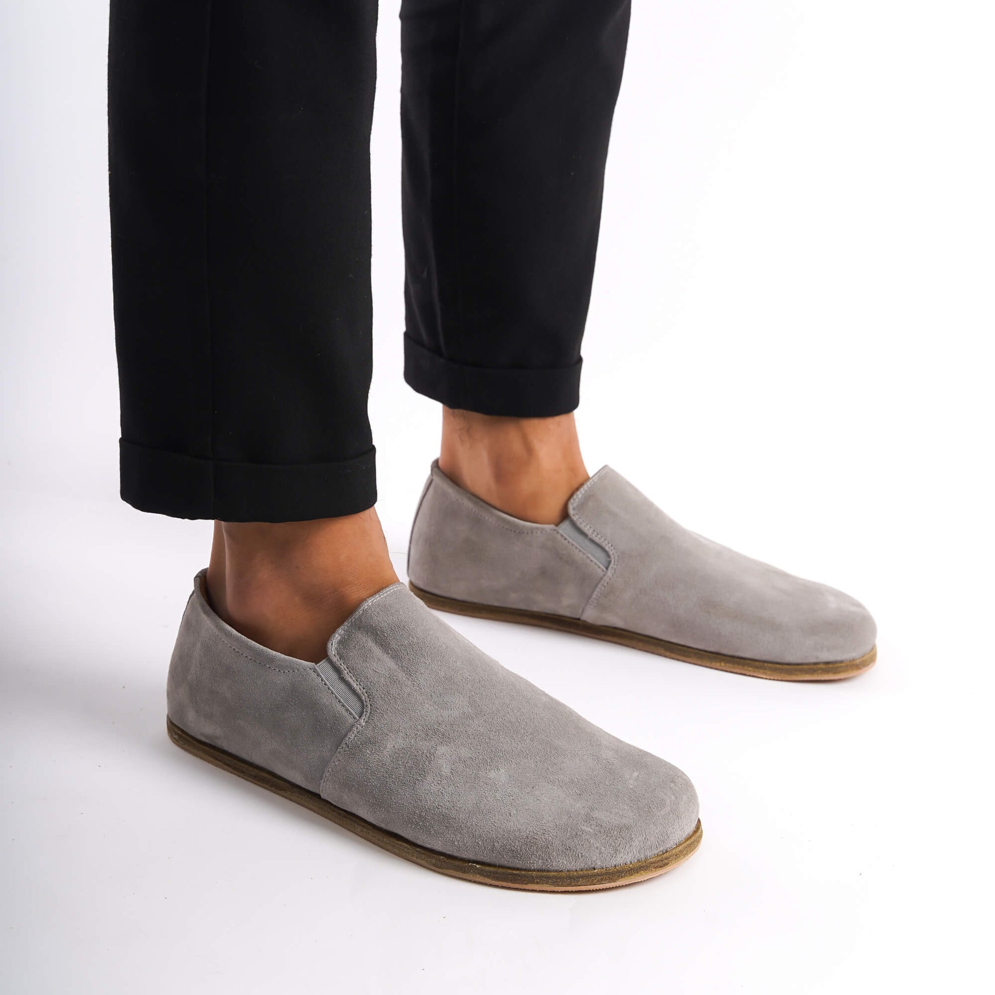 Gray suede barefoot men's loafers by Pelanir, featuring a minimalist design with a wide toe box and zero-drop sole.