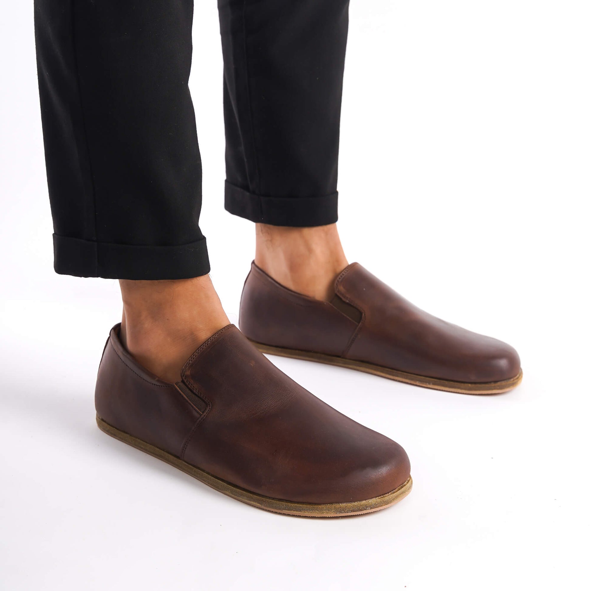 Ionia Leather Barefoot Men Loafers in brown, showcasing the minimalist design and smooth finish, perfect for casual wear.