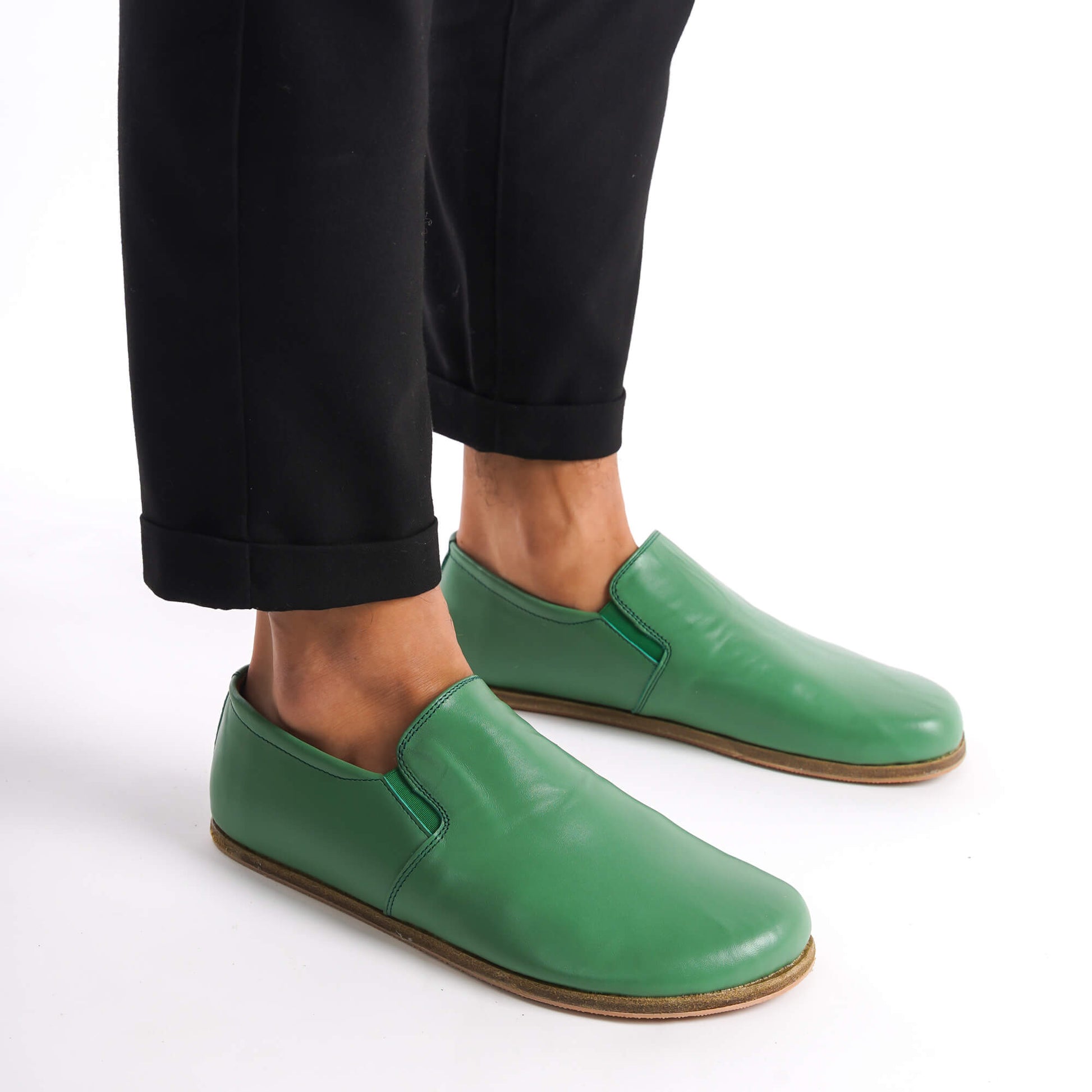 Green Ionia Leather Barefoot Men's Loafers from Pelanir - side view, highlighting the minimalist design and comfortable fit. Shop now at pelanir.com!