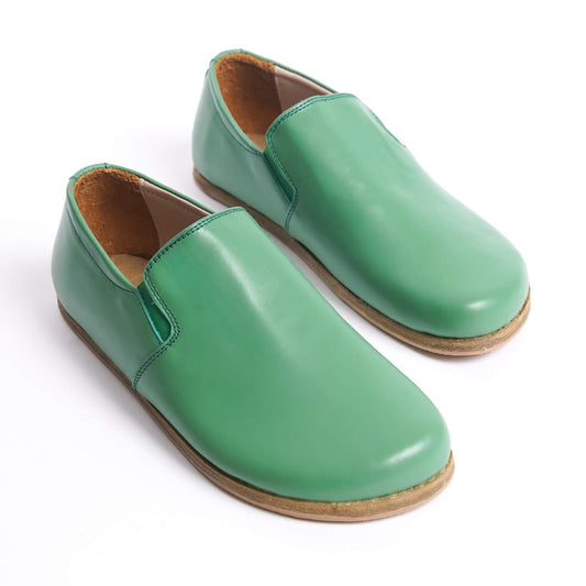 Ionia green leather barefoot women loafers - top view. Shop at Pelanir for genuine leather minimalist shoes.