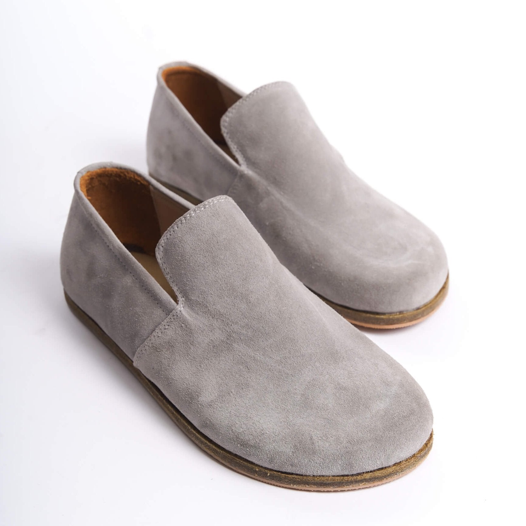 Aeolia gray suede barefoot women loafers, featuring a minimalist and comfortable design.