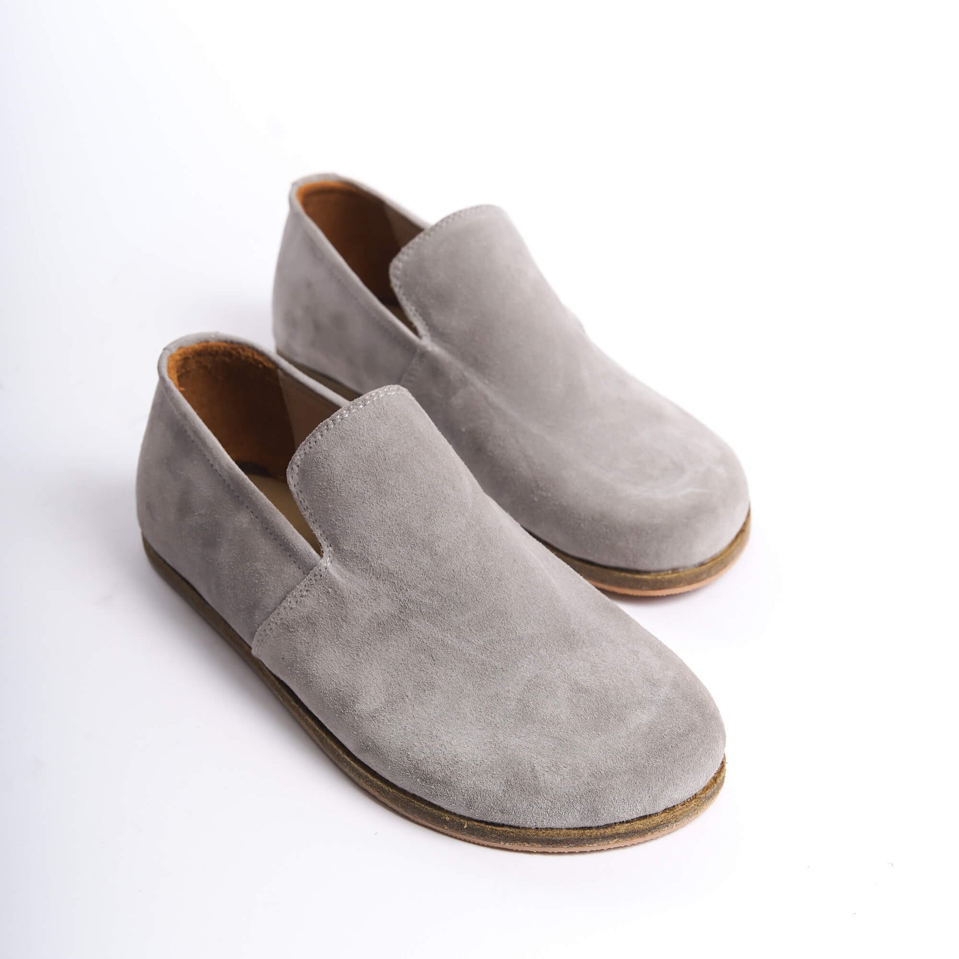 Aeolia gray suede barefoot women loafers, featuring a minimalist and comfortable design.